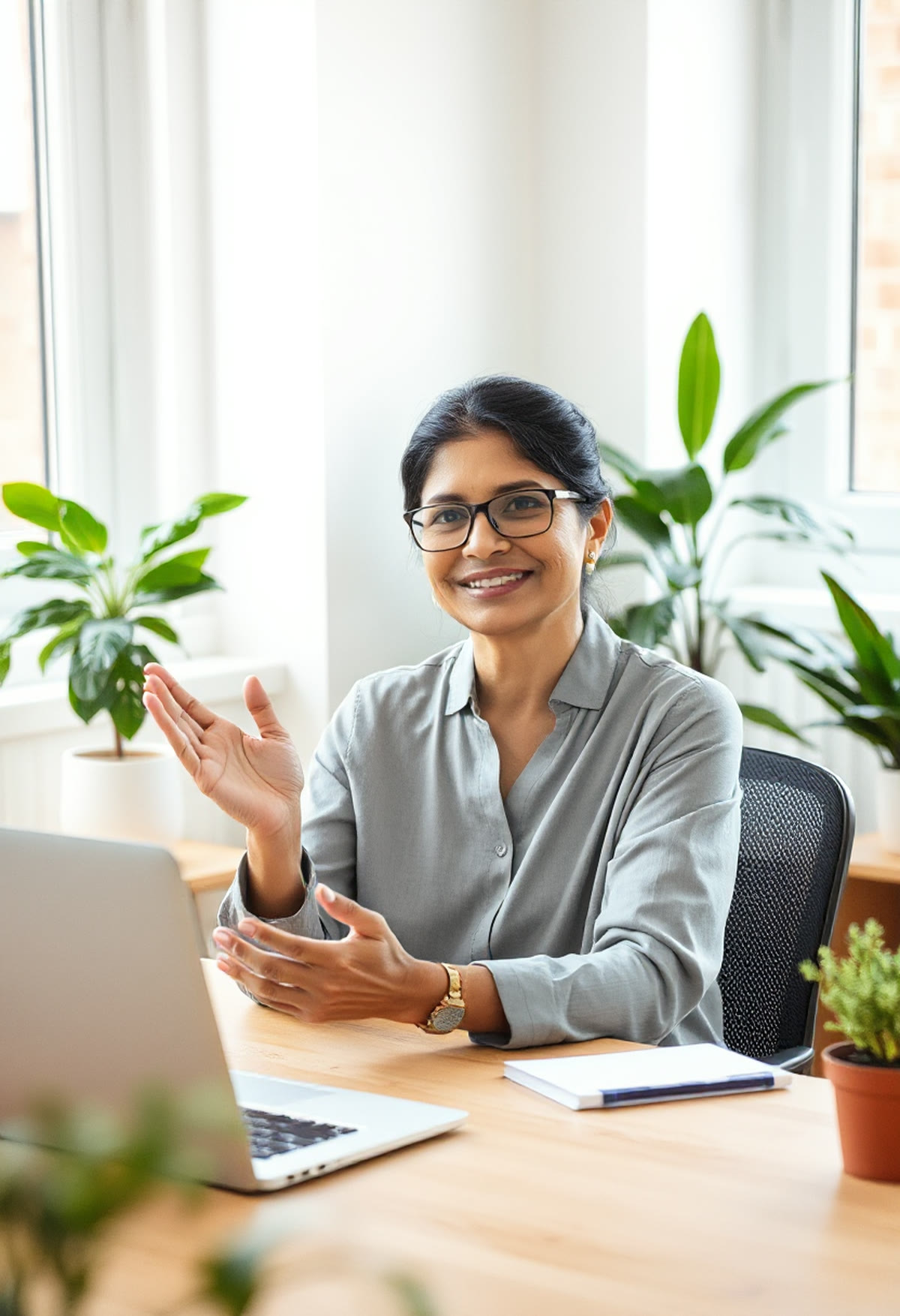 A consultant presenting on a video call at her desk