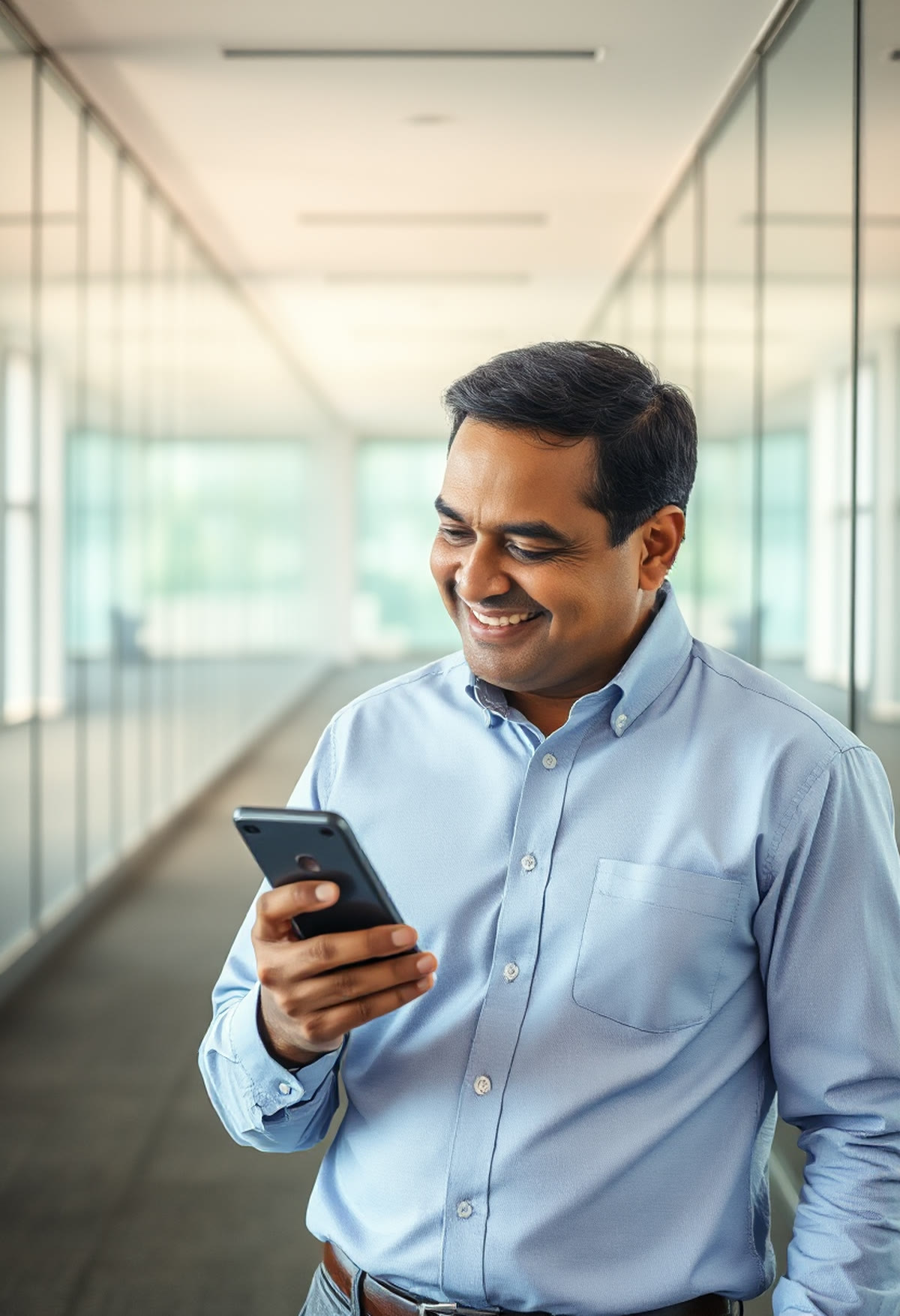 A regional manager checking his phone with a calm smile