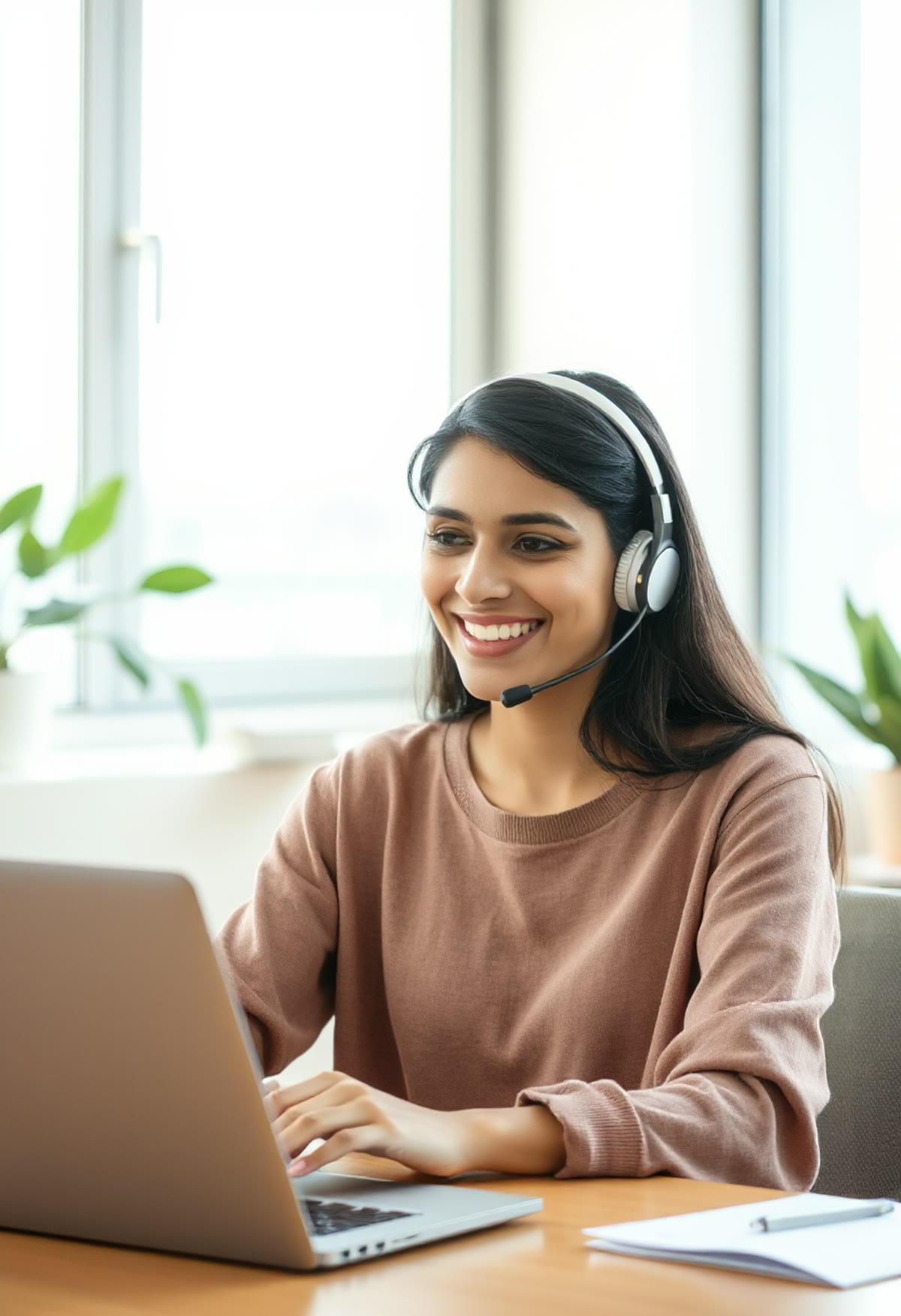 A saleswoman in a headset smiling on a video call