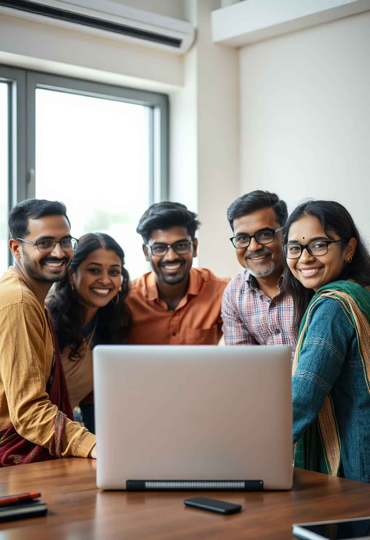 A small branch team gathered around a laptop on a video call
