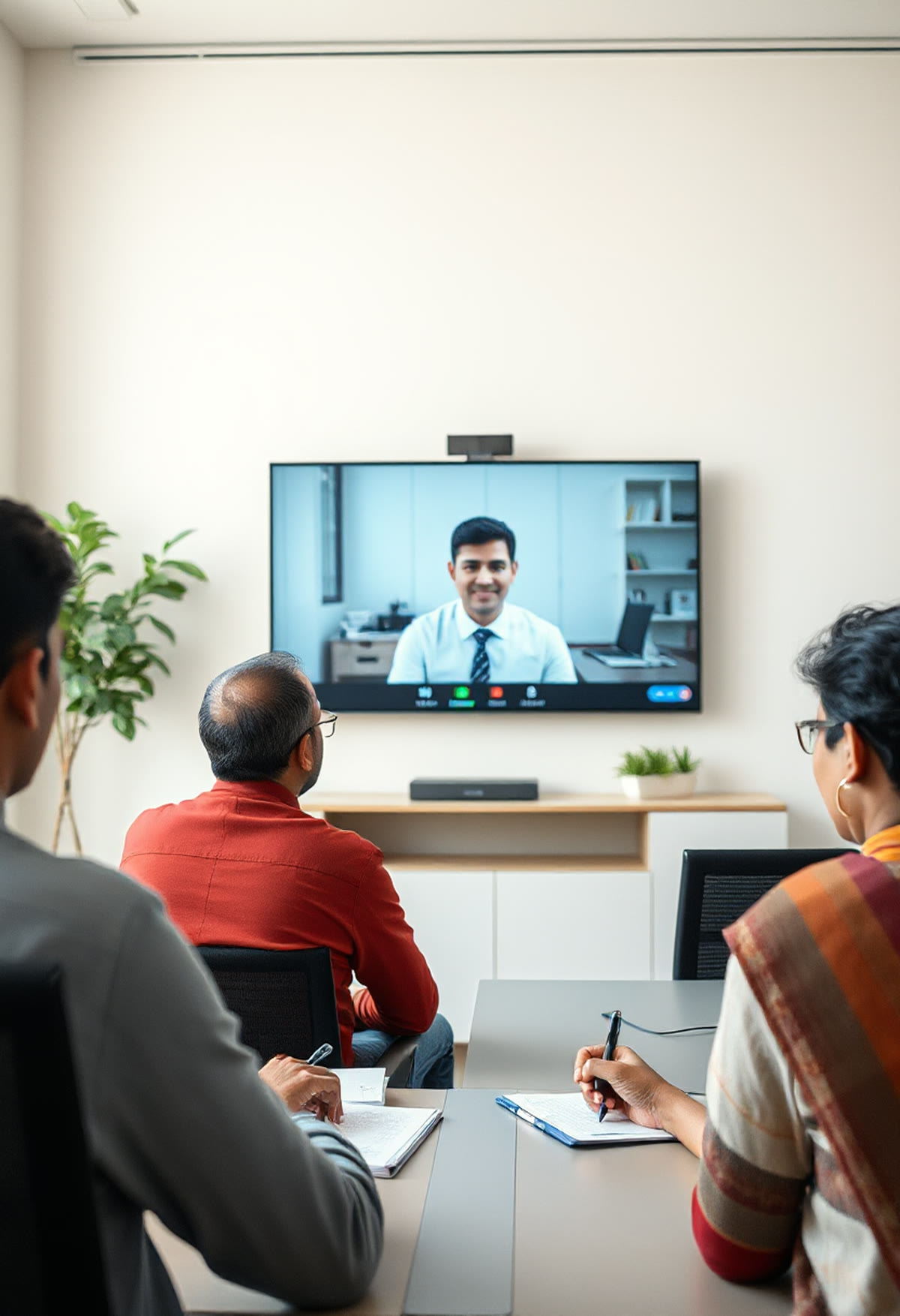 Two colleagues on a video call with a client shown on a wall screen