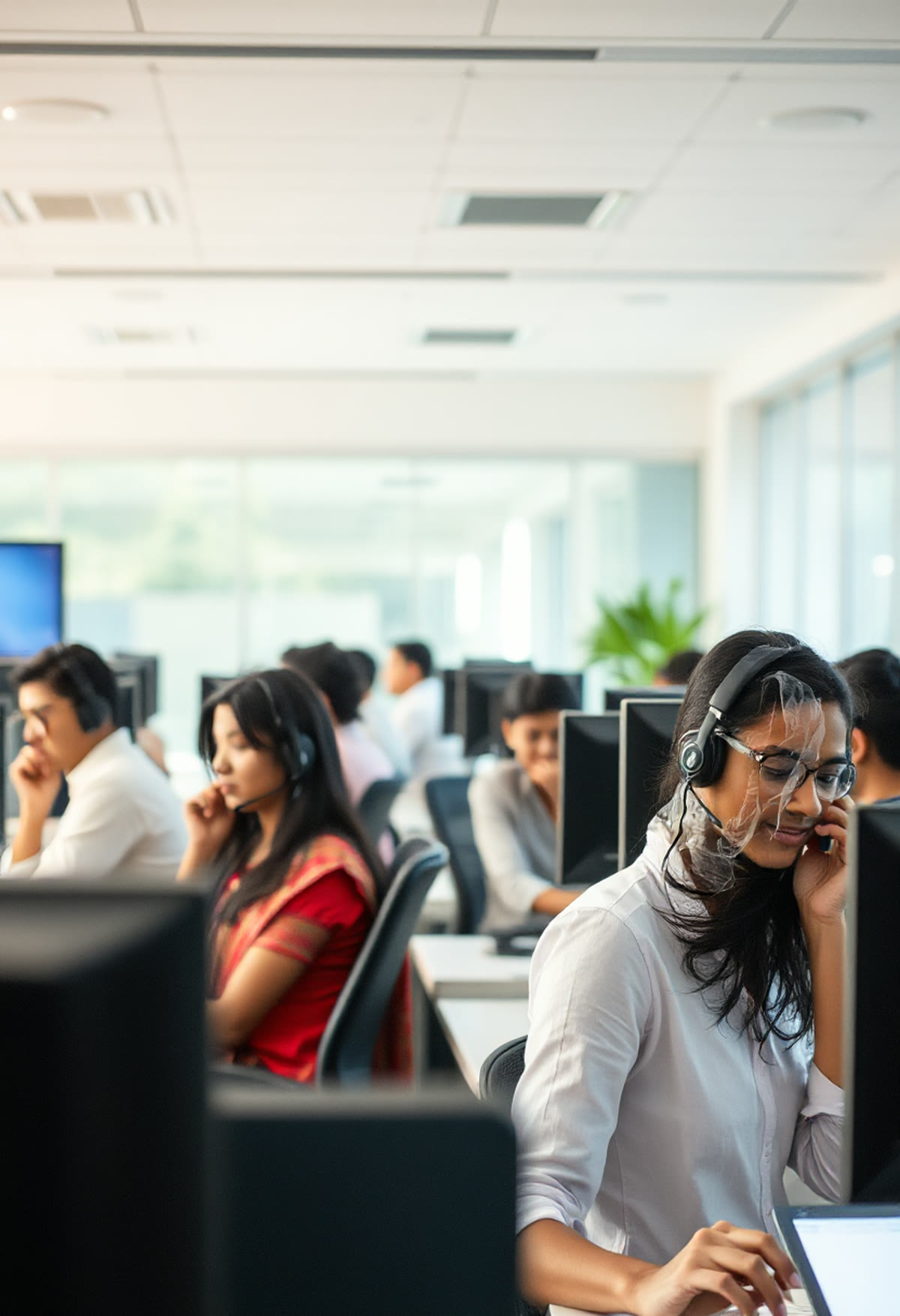 A sales floor with people on video calls at their desks